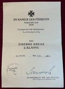 3rd Reich Verleihungsurkunde Eiserne Kreuz 2, Klasse