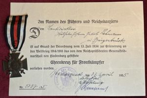 3rd Reich Ehrenkreuz für Frontkämpferkreuz (O.7) mit urkunde