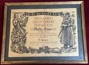 3rd Reich WhW Winterspenden Urkunde Weihnachten 1941 im Bilderrahmen