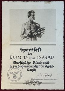 3rd Reich Sportfest des 2. Batallion, Infanterie-Regiment 13 Urkunde