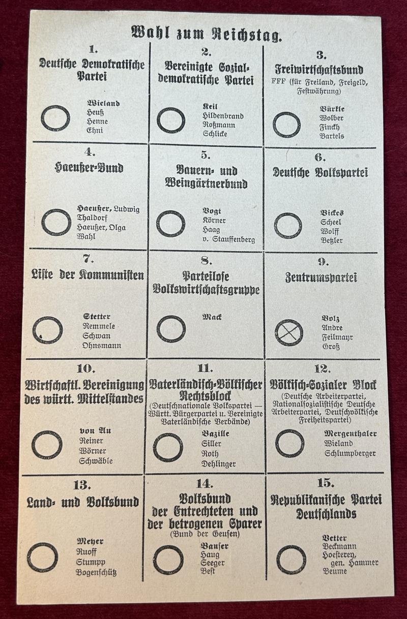 Deutsche Reich Reichstagwahl Zettel Württemberg Mai 1924 — image 2