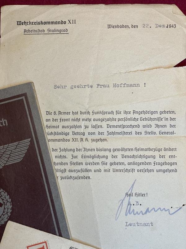 3rd Reich Konvolut Unterlagen Wehrmacht soldat & Bergmann mit brief Arbeitsstab 6th army Stalingrad — image 2