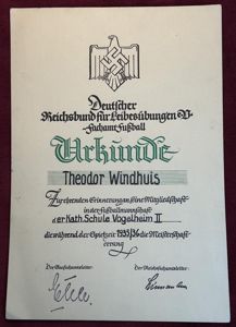 3rd Reich Urkunde mit Orginalunterschrift von DFB Präsident und SS-Standartenführer …
