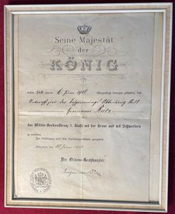 Kingdom Bavaria Award document for military honour cross 3. class …