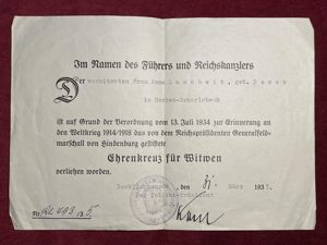 award & document for the Honour cross 1914-18 for widows …