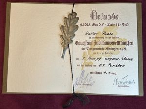 3rd Reich NSRL Gau VI Kreis 12 Jubiläumswettkämpfen Siegerurkunde 1939