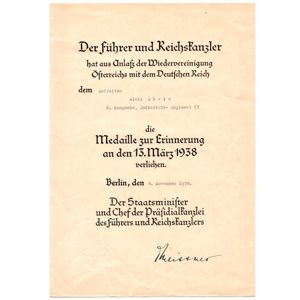 Austrian Occupation Medal Award Document
