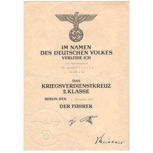 War Merit Cross 2nd Class Award Document