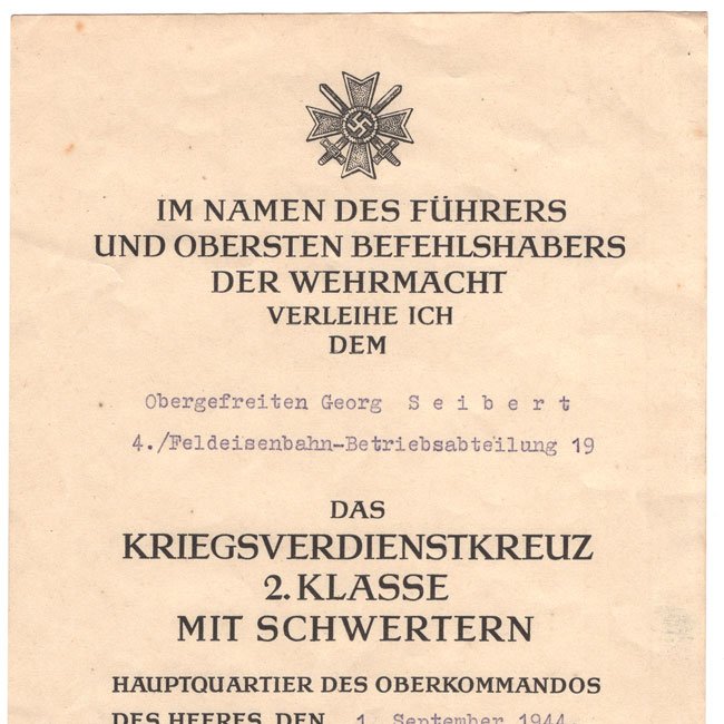 'War Merit Cross 2nd Class with Swords' Award Document — image 2