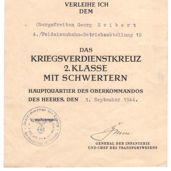 'War Merit Cross 2nd Class with Swords' Award Document — image 3