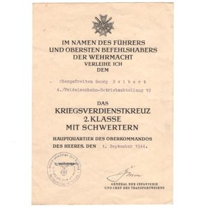 'War Merit Cross 2nd Class with Swords' Award Document