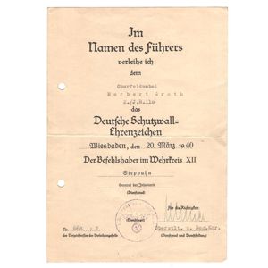 Westwall Medal Award Document