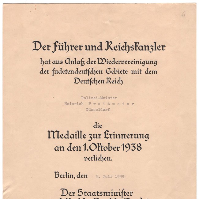 1 October 1938 Medal Award Document — image 2