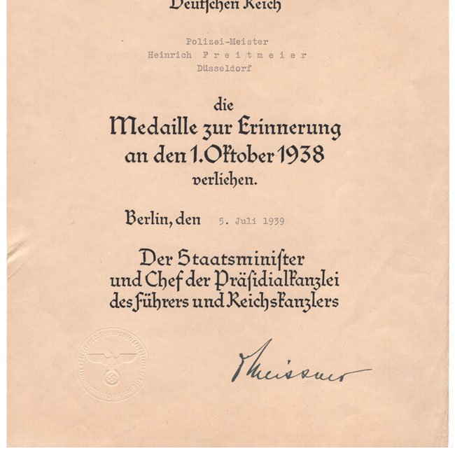 1 October 1938 Medal Award Document — image 3