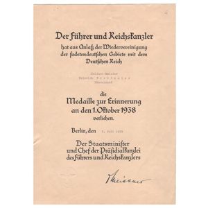 1 October 1938 Medal Award Document