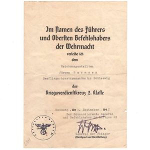 'War Merit Cross 2nd Class' Award Document