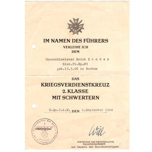 'War Merit Cross 2nd Class with Swords' Award Document