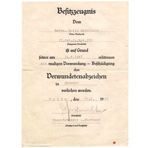 Wound Badge in Black Award Document 'Finland'