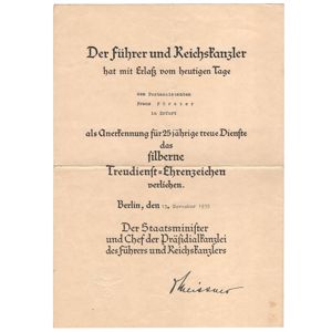 25 Years Faithful Service Medal Award Document