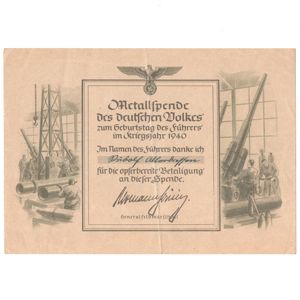 'Metallspende des deutschen Volkes' Certificate