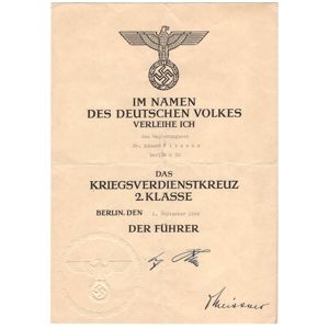 War Merit Cross 2nd Class Award Document