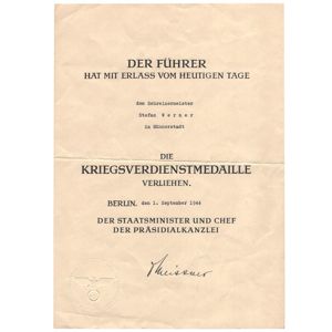 War Merit Medal Award Document