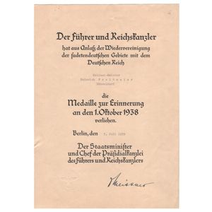 1 October 1938 Medal Award Document