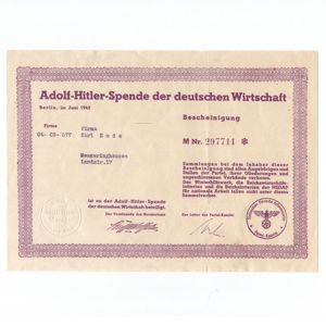 'Adolf Hitler - Spende der deutschen Wirtschaft 1942' Certificate