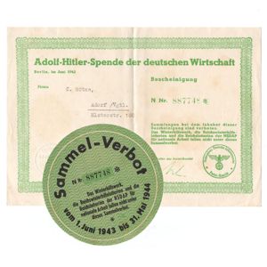 'Adolf Hitler - Spende der deutschen Wirtschaft 1943' Certificate and …