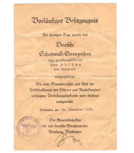 Rare variant Westwall Medal Award Document