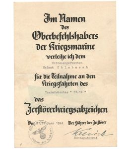 KM 'Zerstörer-Kriegsabzeichen' Document