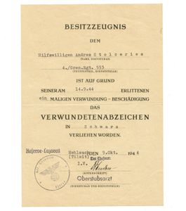 Wound Badge in Black Award Document