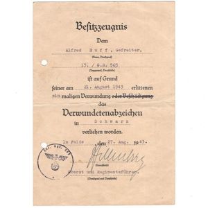 Wound Badge in Black Award Document