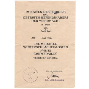 'Ostmedaille' Award Document