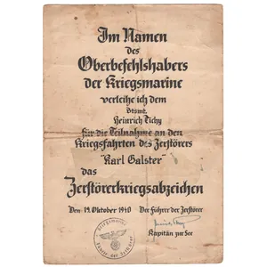 Kriegsmarine Destroyer War Badge Award Document
