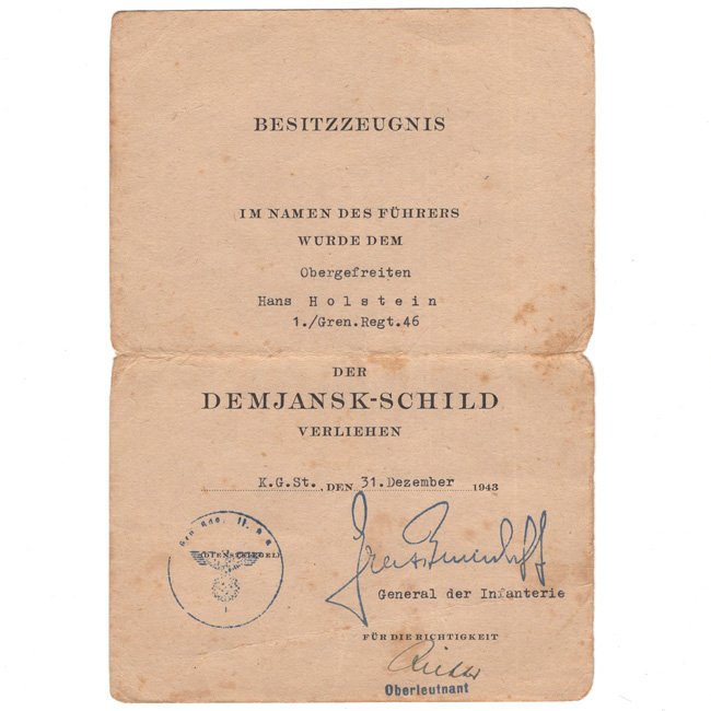 WH (Heer) 'Demjansk-Shield' Award Document Grouping — image 4