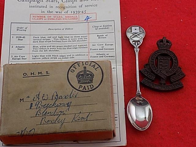 WW11 Medal Group in RAOC box, Silver Spoon & Cap Badge — image 2