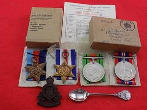 WW11 Medal Group in RAOC box, Silver Spoon & Cap …