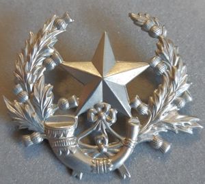 BRITISH - The Cameronians (Scottish Rifles) White Metal Hat Badge.