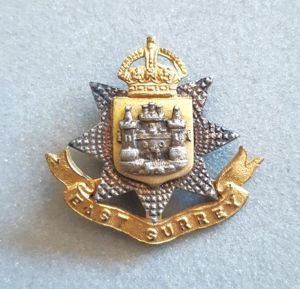 EAST SURREY Regiment GILT & STG. SILVER Officer's Hat Badge