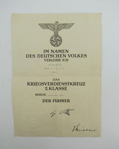 War Merit Cross 2nd Class Award Document