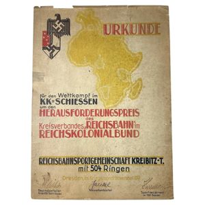 Original WWII German Reichskolonialbund 'Reichsbahn' shooting certificate