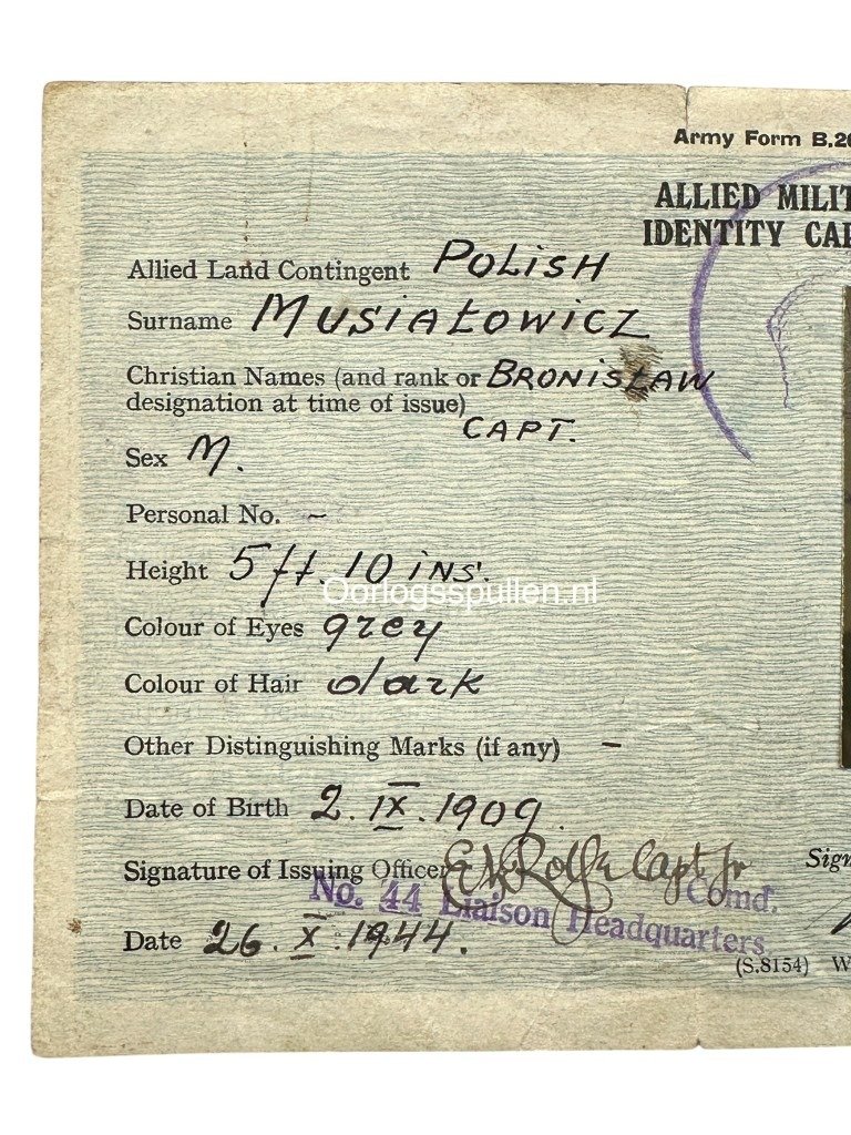 Original WWII Allied military ID card for Polish captain 1944 — image 3
