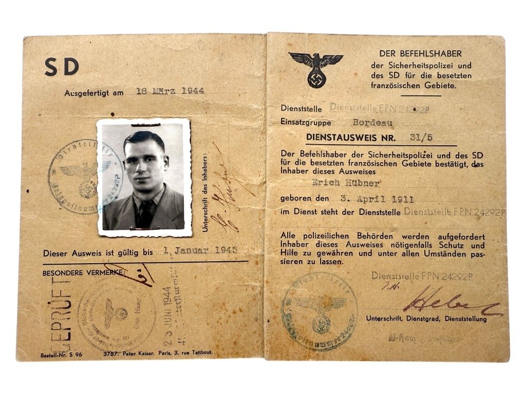 Original WWII German SD Dienstausweis Einsatzkommando Bordeaux & Den Haag — image 2