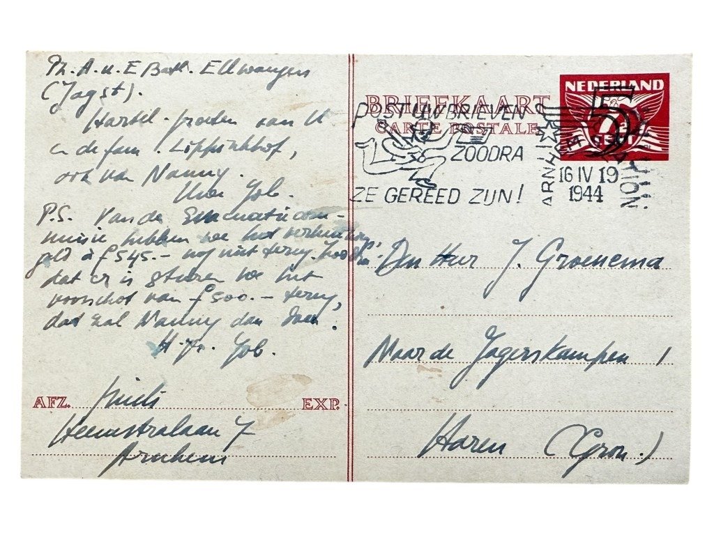 Original WWII Dutch Waffen-SS volunteer postcards 'SS-Pz.Grenadier-Ausbildungs und Ersatz-Bataillon 5' in Ellwangen to Haren in Groningen — image 2