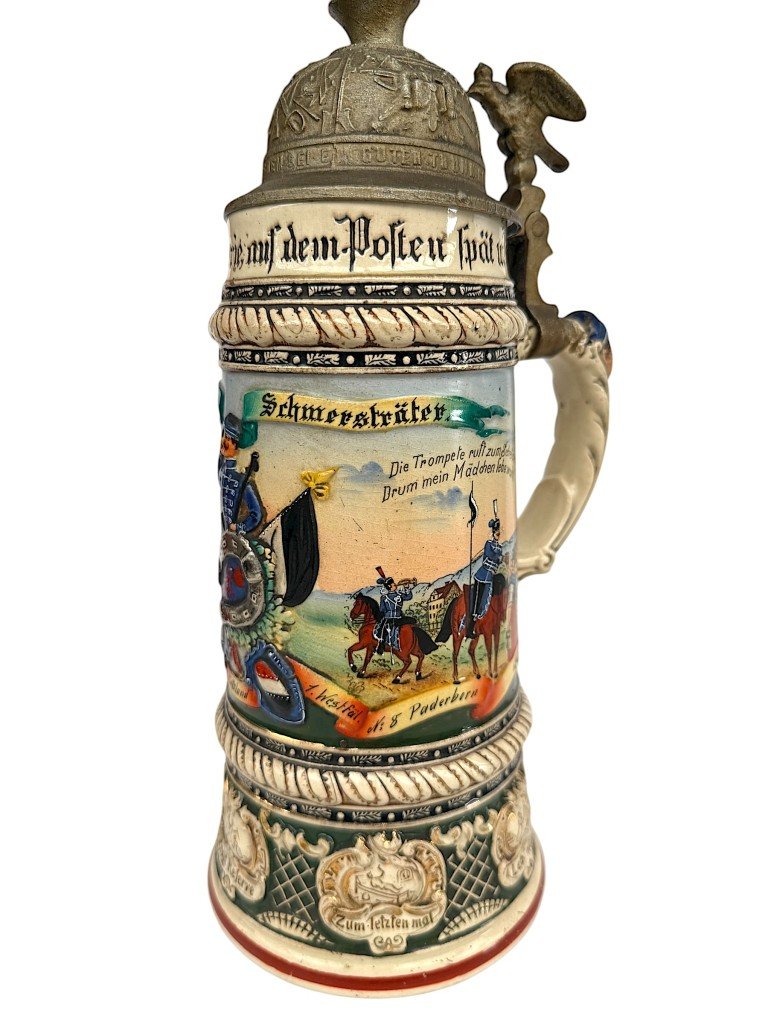 Original WWI German 2. Eskadron Husaren-Regiment Kaiser Nikolaus II von Rußland Nr. 8, Paderborn beer stein — image 2