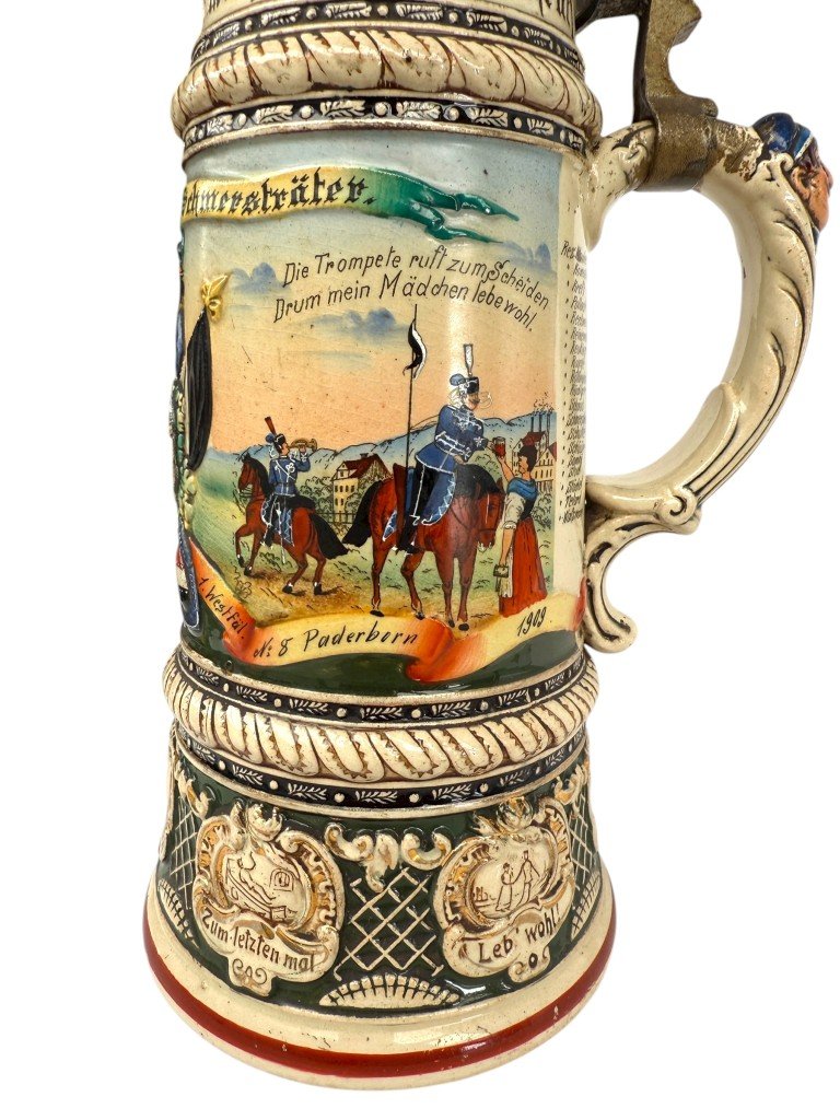 Original WWI German 2. Eskadron Husaren-Regiment Kaiser Nikolaus II von Rußland Nr. 8, Paderborn beer stein — image 3