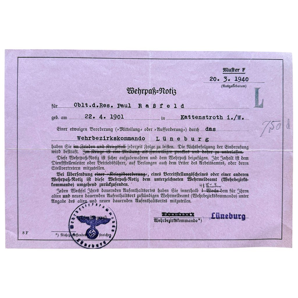 Original WWII German WH Wehrpaß-Notiz Lüneburg/Kattenstroth
