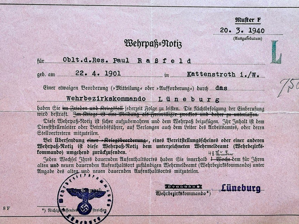 Original WWII German WH Wehrpaß-Notiz Lüneburg/Kattenstroth — image 2