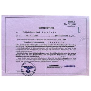 Original WWII German WH Wehrpaß-Notiz Lüneburg/Kattenstroth
